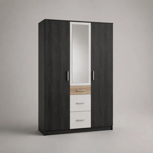 Armoire penderie en bois à 2 portes avec miroir et 3 tiroirs, noir, blanc et chêne naturel, 120 × 52 × 190 cm