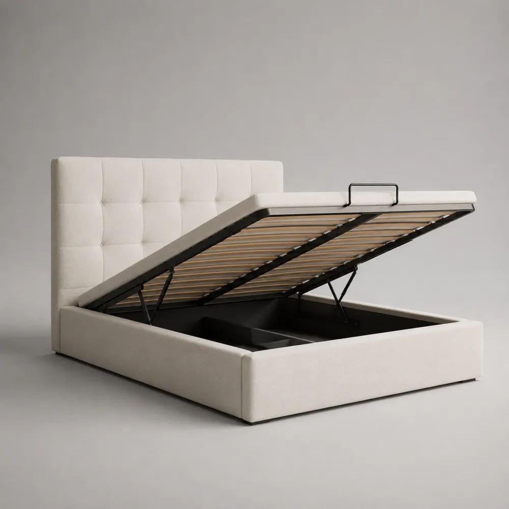 Lit coffre 160 × 200 cm blanc cassé avec sommier relevable en acier et revêtement en polyester