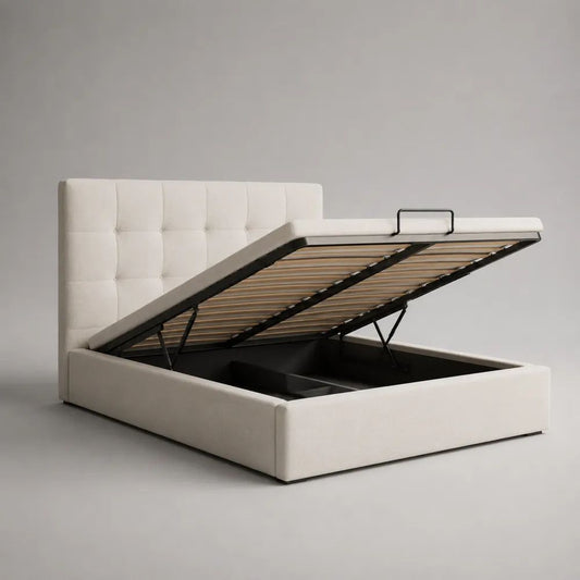 Lit coffre 160 × 200 cm blanc cassé avec sommier relevable en acier et revêtement en polyester