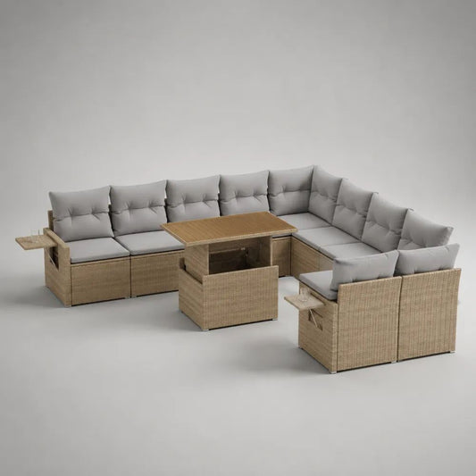 Salon de jardin extérieur 10 places en résine tressée beige, canapé d’angle en U, table haute, pouf et coussins gris, 330 × 260 × 75 cm