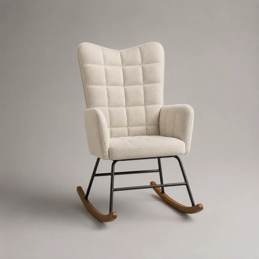 Fauteuil à bascule rembourré en tissu bouclé blanc cassé, structure en métal noir et patins en bois brun, 70 × 95 × 105 cm