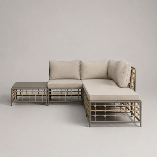 Salon de jardin extérieur 3 pièces avec canapé d’angle 2 places et table basse en aluminium et corde plastique, taupe et beige, 242 x 151 x 74 cm