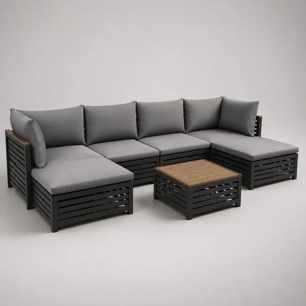 Salon de jardin modulable en U 5 pièces en aluminium noir avec coussins gris et plateau brun, 280 × 145 × 72 cm