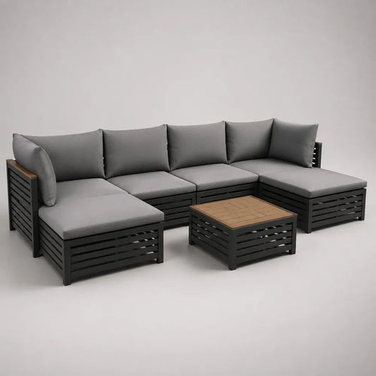 Salon de jardin modulable en U 5 pièces en aluminium noir avec coussins gris et plateau brun, 280 × 145 × 72 cm