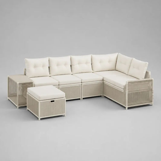 Salon de jardin extérieur modulable 5 places avec canapé d’angle et pouf coffre en acier et polyéthylène tressé beige clair et écru, 250 x 190 x 82 cm