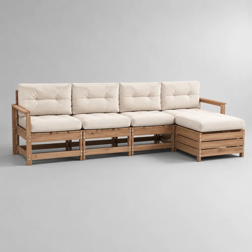 Ensemble canapé de jardin d’angle 4 places en acacia massif, bois naturel et beige, 276 x 138 x 72 cm