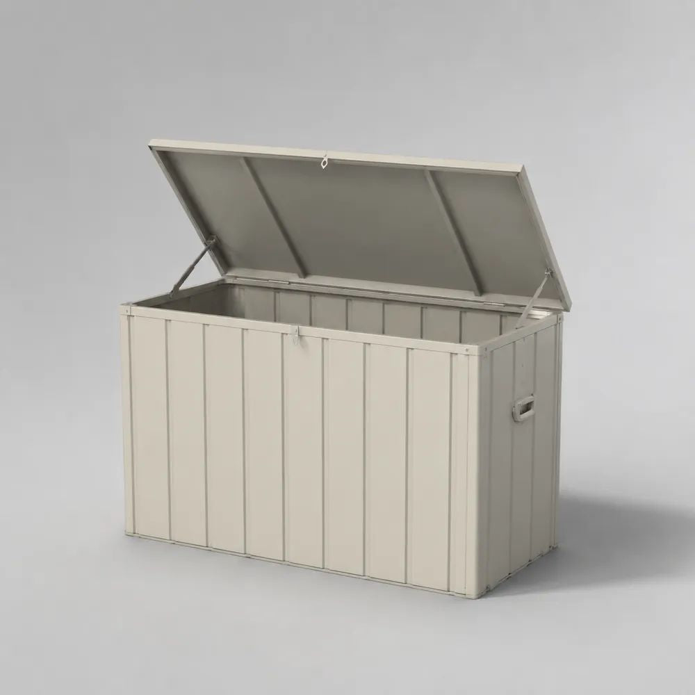 Coffre de jardin extérieur en acier beige 400 L, 132 x 62 x 72 cm