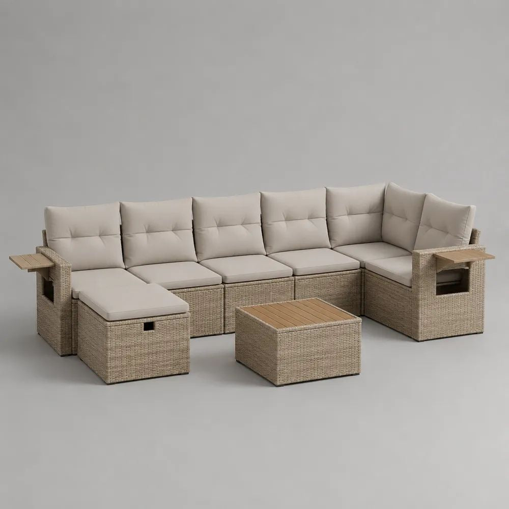 Salon de jardin d’angle extérieur 9 pièces, 7 places, en résine tressée PE taupe avec coussins beige clair et table basse, 325 × 220 × 86 cm