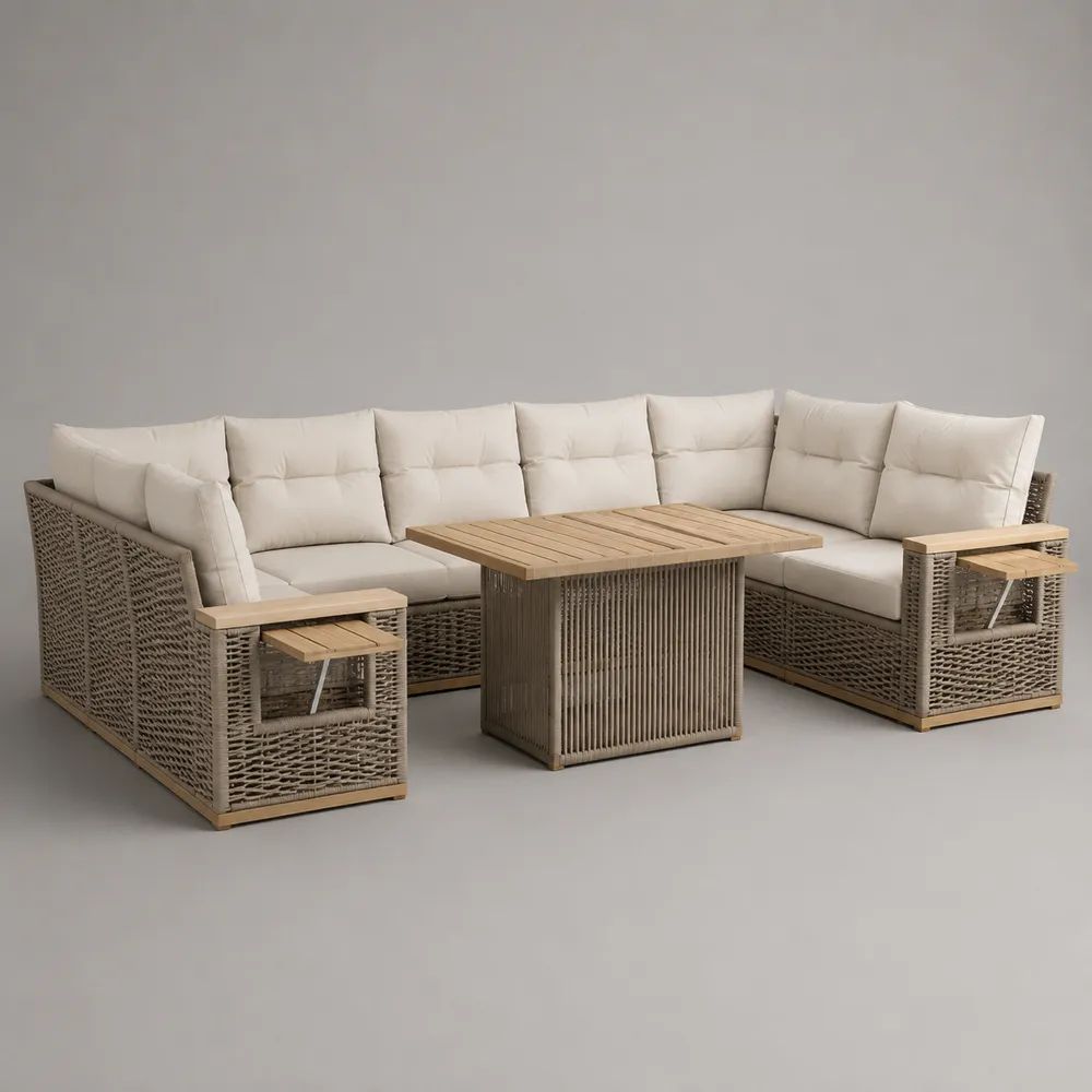 Salon de jardin d’angle extérieur 6 places avec table rectangulaire en bois et résine tressée, taupe, blanc cassé et marron naturel, 250 × 250 × 83 cm