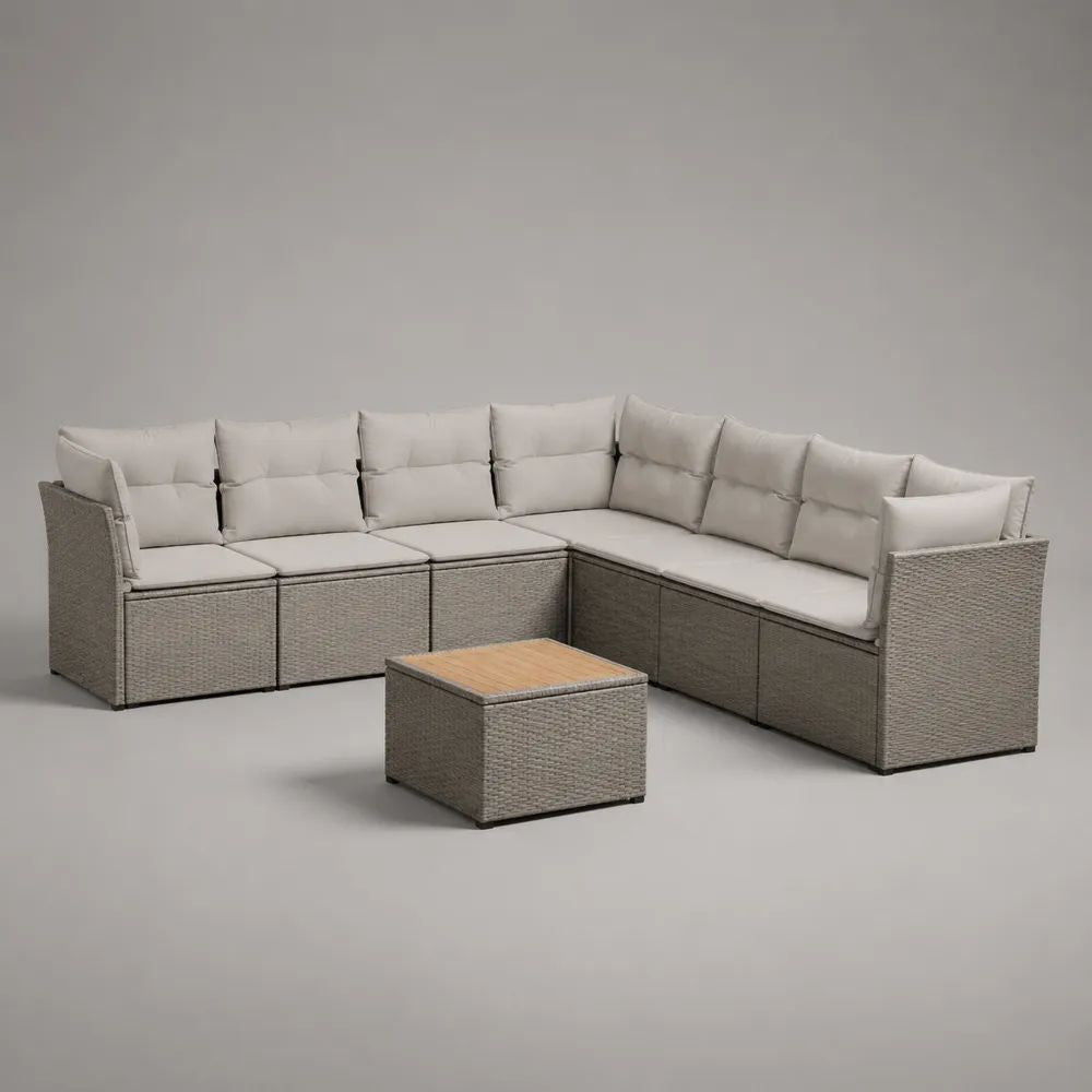 Ensemble salon de jardin d’angle 8 pièces 7 places avec table basse en résine tressée PE gris clair, 260 × 260 × 74 cm