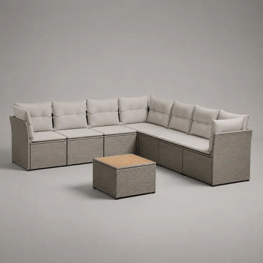 Ensemble salon de jardin d’angle 8 pièces 7 places avec table basse en résine tressée PE gris clair, 260 × 260 × 74 cm